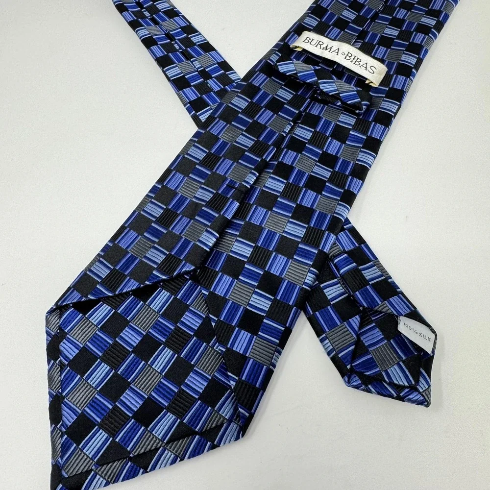Burma Bibas Tie Mens One Size Blue Check Plaid 100% Silk Necktie Classic